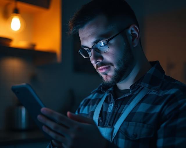 Contractor checking phone at night for new booking notification