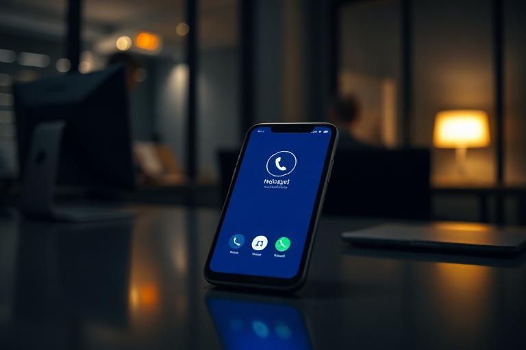 Smartphone showing incoming call notification in a dark office at night