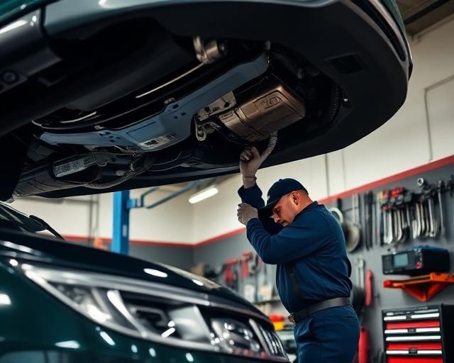 Auto mechanic working under the hood in a professional garage