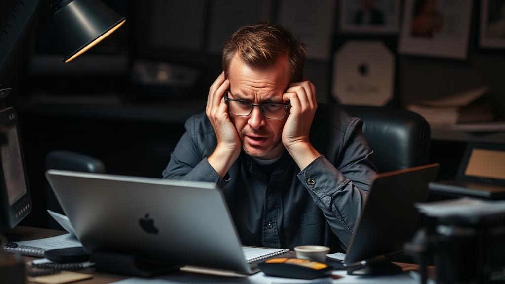 Overwhelmed business owner stressed at desk surrounded by work