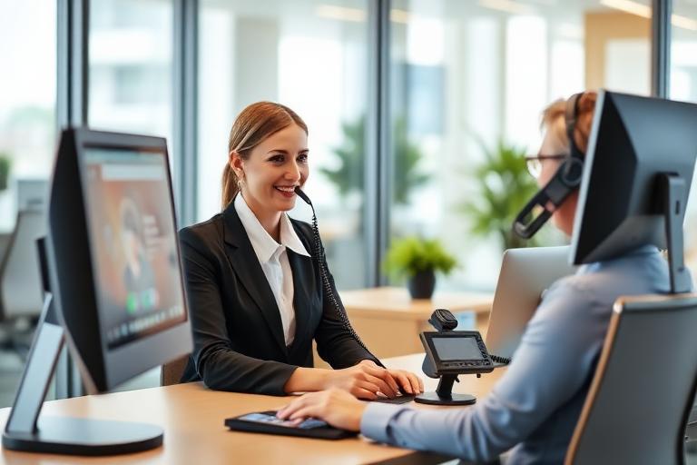 Professional receptionist screening phone calls at a modern office desk
