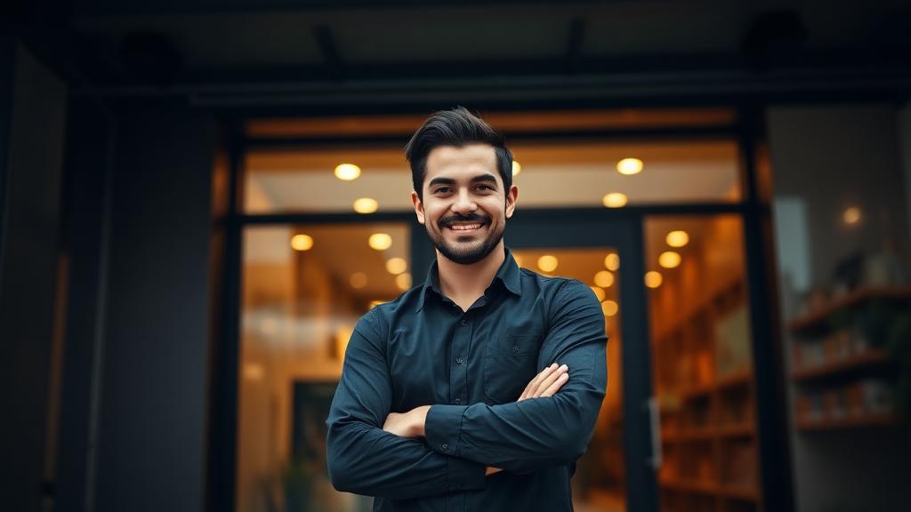 Professional business owner standing confidently in front of their modern storefront