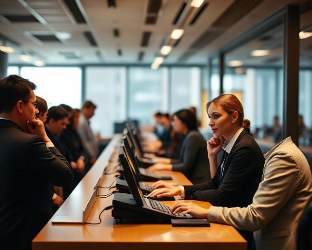 Busy front desk receptionist answering phones in a modern office