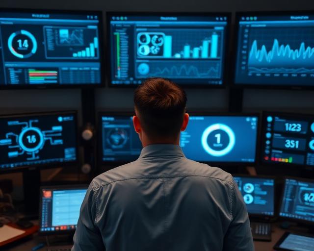 Business command center with multiple AI dashboard screens
