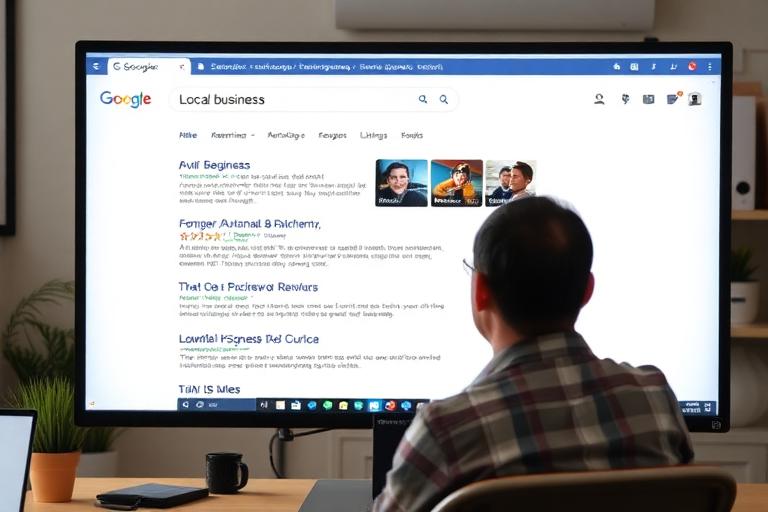 Business owner viewing Google search results showing local business rankings
