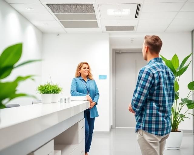 Friendly dental clinic receptionist greeting a patient