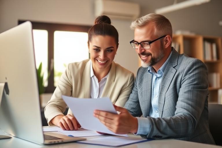 Business consultant helping a local business owner review documents