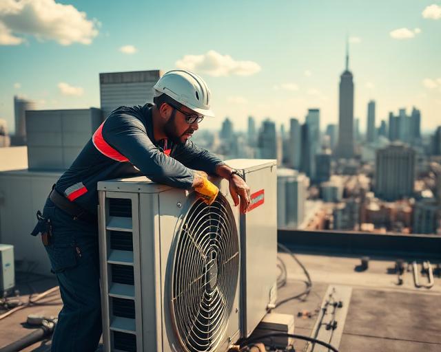 HVAC technician working on air conditioning unit on a rooftop