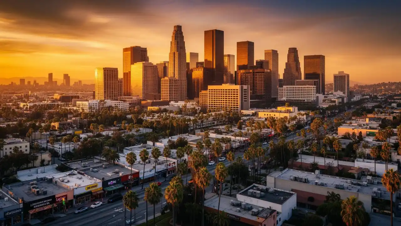 Los Angeles skyline and palm trees at golden hour sunset, representing Pasadena local business community