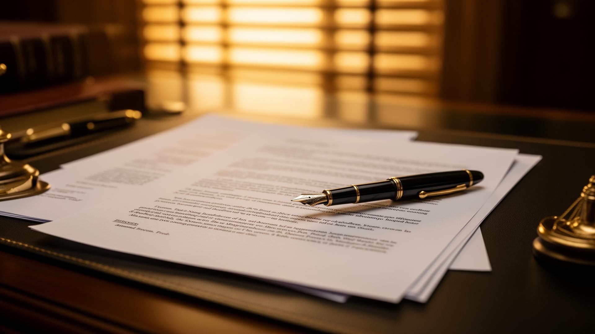 Legal documents and fountain pen on a professional desk in warm golden light