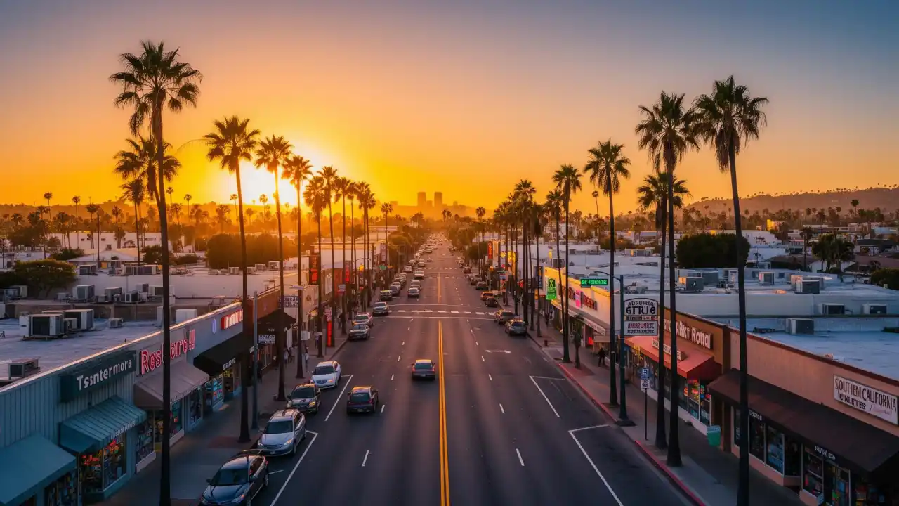 Southern California boulevard with palm trees and local storefronts at golden hour, representing Carson local business community