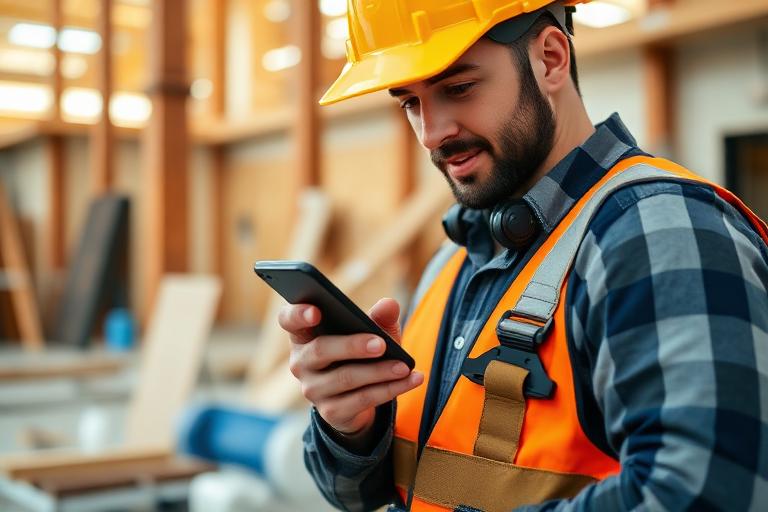 Contractor checking lead notifications on phone at a job site