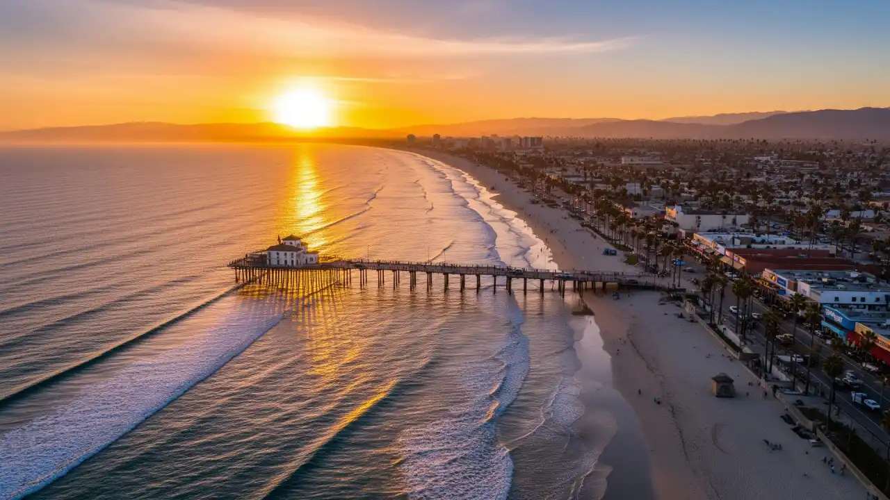 Orange County coastline with pier and ocean at sunset, representing Irvine local business community
