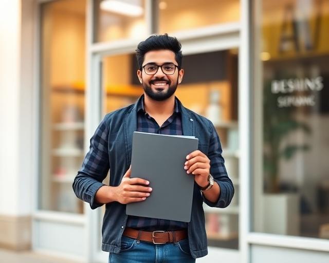 Proud business owner standing in front of their storefront
