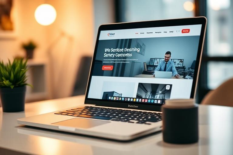 Professional business website displayed on a laptop in a modern office